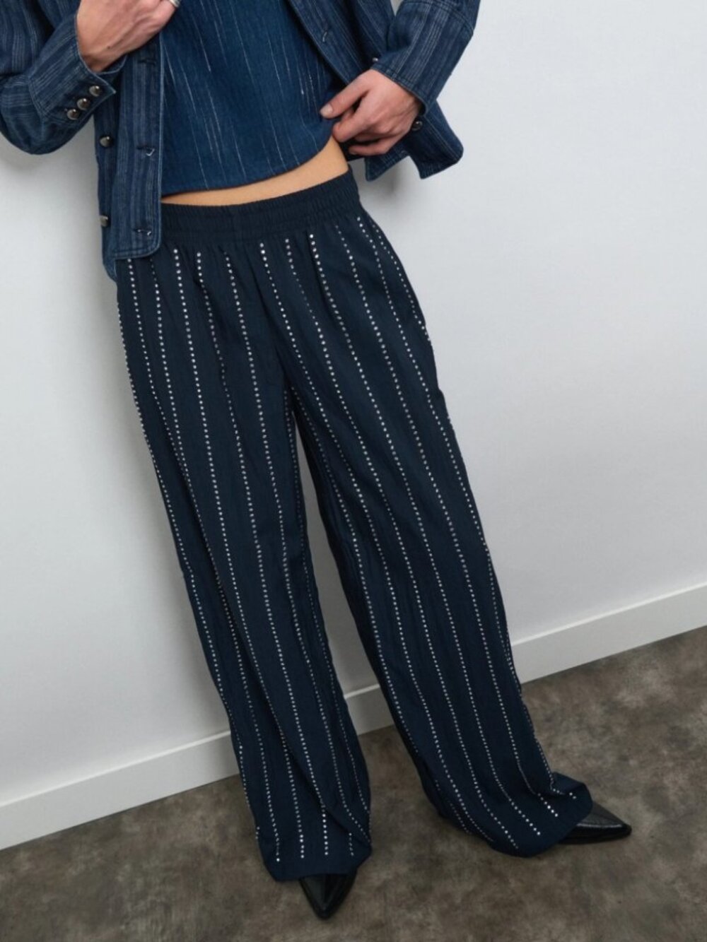 Navy Wide Leg Soft Pants with Silver Rhinestone Pinstripes